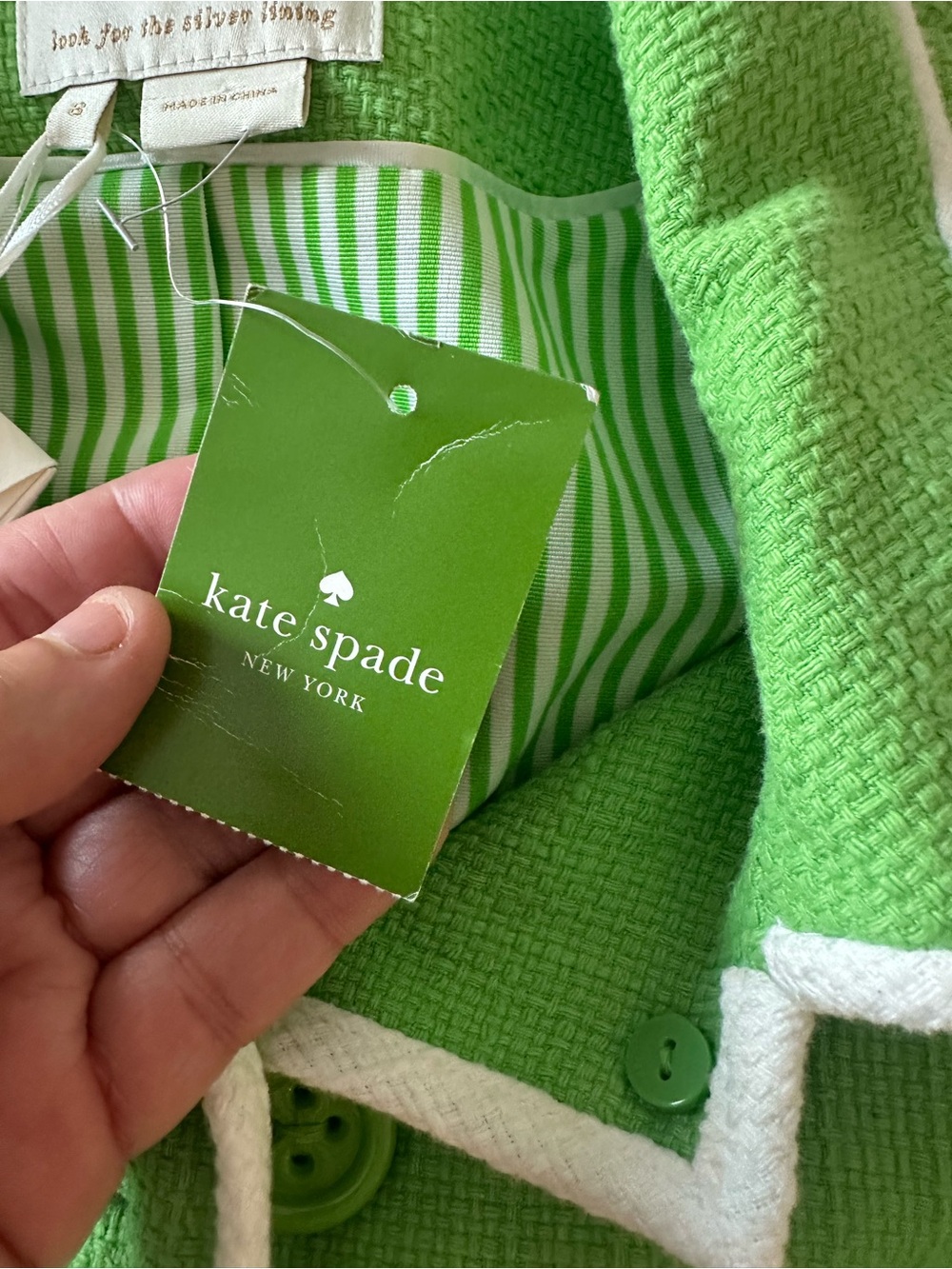 kate spade Bright Lime Green Bouclé Cropped Jacket with White Trim - Picture 7 of 12